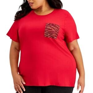 NWT ~ Calvin Klein Red Beaded Pocket T-Shirt ~ Women's Size LARGE